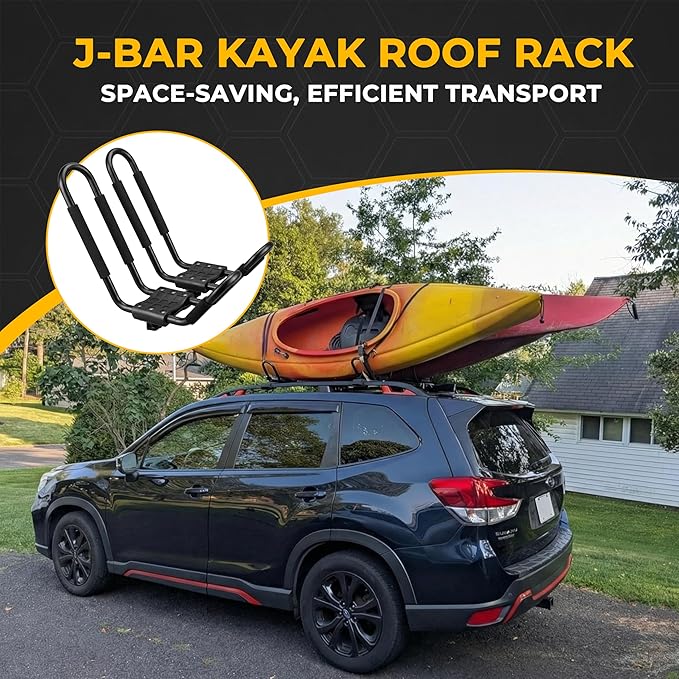 Vallix 2 Pairs Kayak Roof Rack for Car, J-Bar Kayak Carrier for SUV & Trucks, Heavy Duty Top Mount Holder with Straps for Canoe Boat Surfboard, 4 Pcs/Set