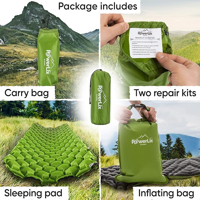 POWERLIX Ultralight Inflatable Camping Sleeping Pad - Camping Mattress Sleeping Mat for Backpacking, Hiking, Compact Lightweight Sleeping Pad for Camping, Inflation Bag/Repair Kit Included