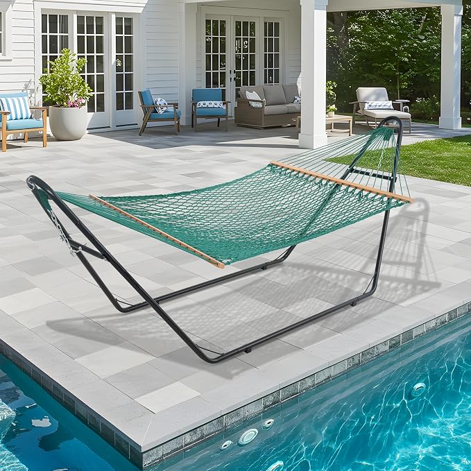 Lazy Daze Hammocks 12FT Double Rope Hammocks, 2 Person Hand Woven Cotton Hammock with Spreader Bar for Outside, Patio, Poolside, FIT 13-15 FT Stand, Max 450 Lbs, Green, 141 x 57 inches