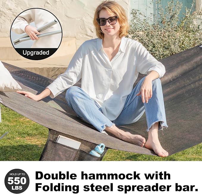 GAFETE 14ft 2 Person Hammock for Outside, Quick Dry Textilene, Portable Hammock without Stand with Folding Steel Spreader Bar, Carrying Bag, Tree Strap, Pillow & Sidebag, 550 lbs Capacity (Black Gold)