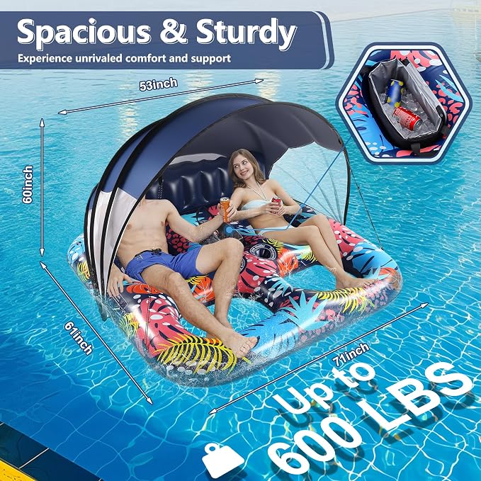 2-Person Inflatable Pool Floats Adult Heavy Duty, 71" x 61" Pool Lounger Float with Cup Holders & Backrest & Removable Insulated Cooler, Thickened Swimming Raft for Pool Party, Lake, Beach, River