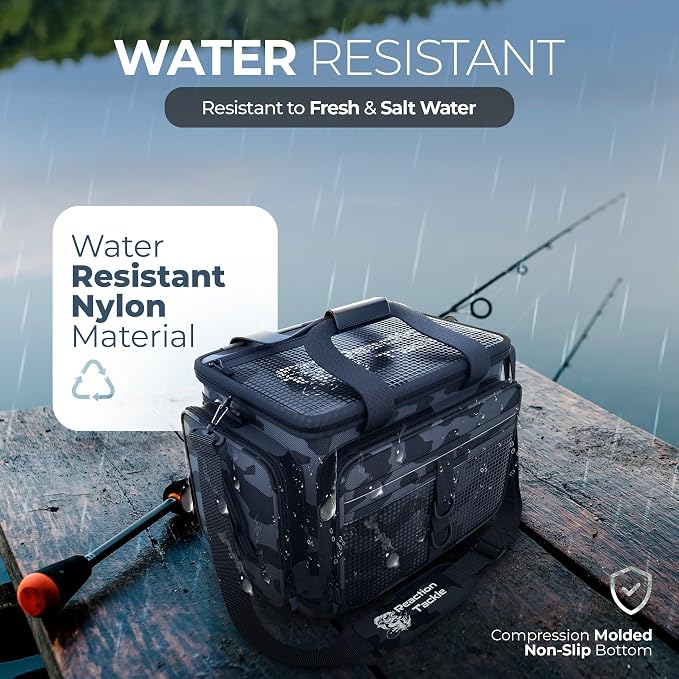 Reaction Tackle Fishing Tackle Bag - Water Resistant Camo Tackle Bag with Padded Shoulder Strap, D Ring Hanger, Suitable for 3600 Storage Boxes, Compression Molded Waterproof Non-Slip Bottom
