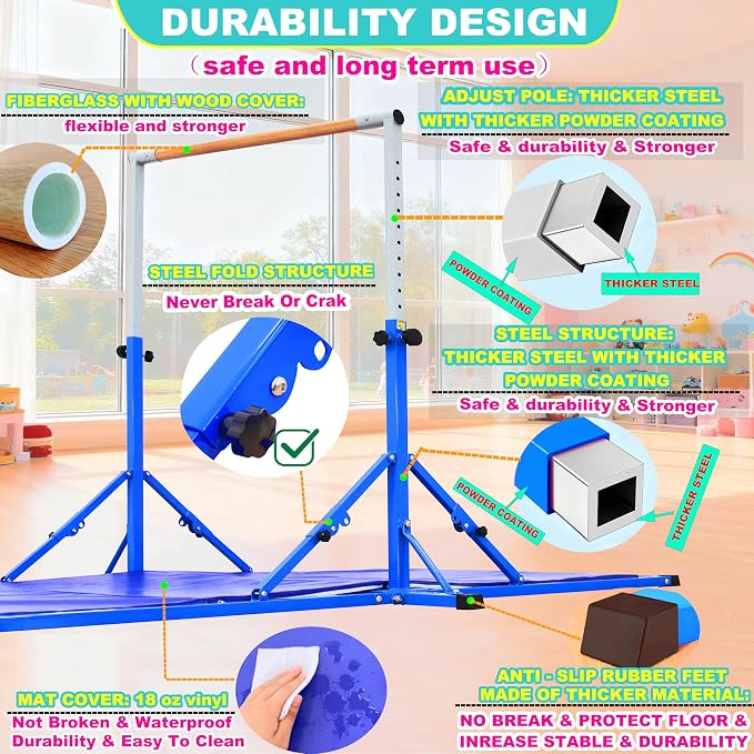 Marfula Gymnastic Bar For Kid and Teenage of 3-25, 5Ft/8 FT Base Length 4Ft Width 5Ft Adjust Height, Gymnastic Kip Bar For Gymnast, Gymnastic Training Equipment For Professional Training Home Club Use