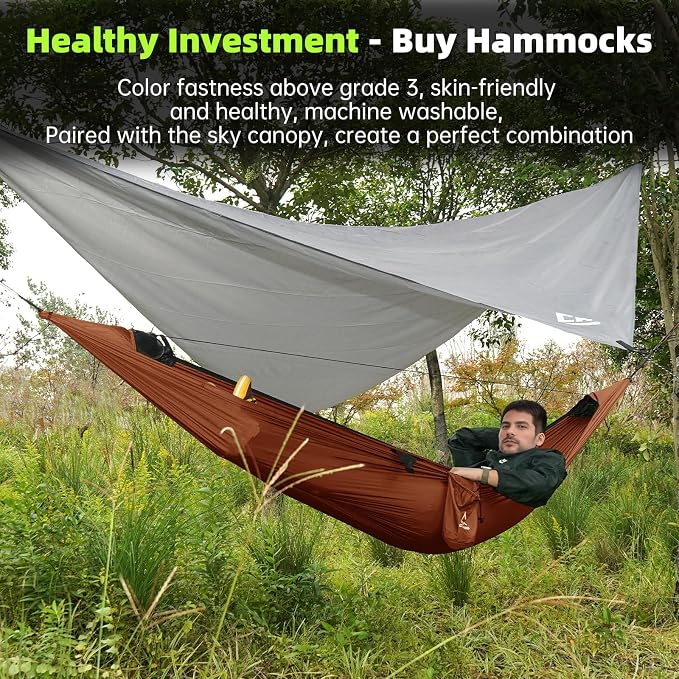 Camping Hammock with Mosquito Net – Portable Parachute Nylon Hammock Tent with Tree Straps, Camp Rope & Stake - for Hiking, Backpacking, Travel, Backyard, Beach – Holds Up to 500lbs (Orange)