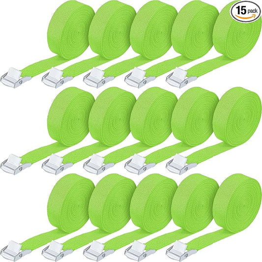 Riakrum 15 Pack 16 Feet Lashing Straps Adjustable Kayaks Tie Down Cam Buckle Straps with Buckles up to 250lbs for Cargo, Luggage, Motorcycles, Truck, Car Roof Rack, Sup Surfboard(Green)