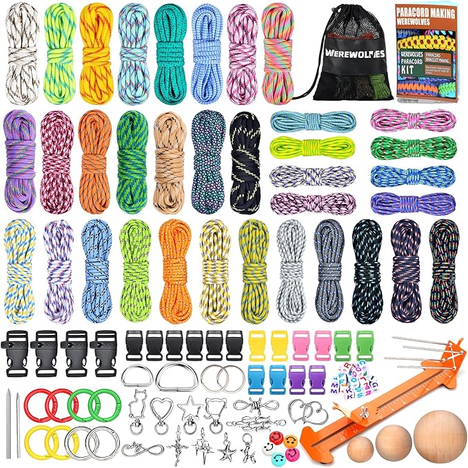 WEREWOLVES Paracord Bracelet Jig Kit - 4MM, 3MM, 2MM Parachute Combo Kit, 10FT Rope Complete Accessories and Paracord Jig Bracelet Maker (Colorful, 10FT-35 Color)