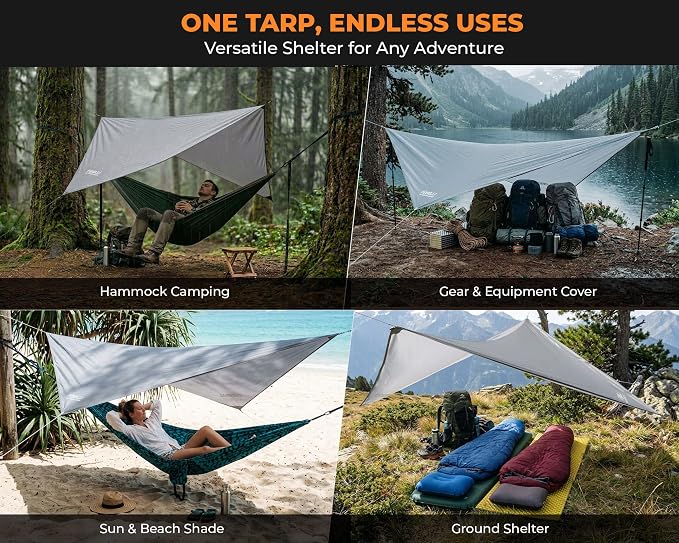 Foxelli Hammock Rain Fly - Waterproof Lightweight Tent & Hammock Rain Tarp for Camping, Backpacking w/Easy Setup Including Extra Long Guy Lines & Stakes