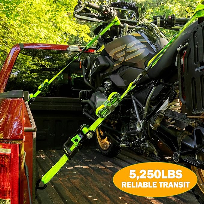 Motorcycle Tie Down Strap (4PK 1.5INX8FT) - 5,250lb Break Strength, Premium Ratchet Tie Down Straps Set, Soft Loop Ratchet Straps for Moving Appliances, Lawn Equipment, Cargo Straps for Trucks