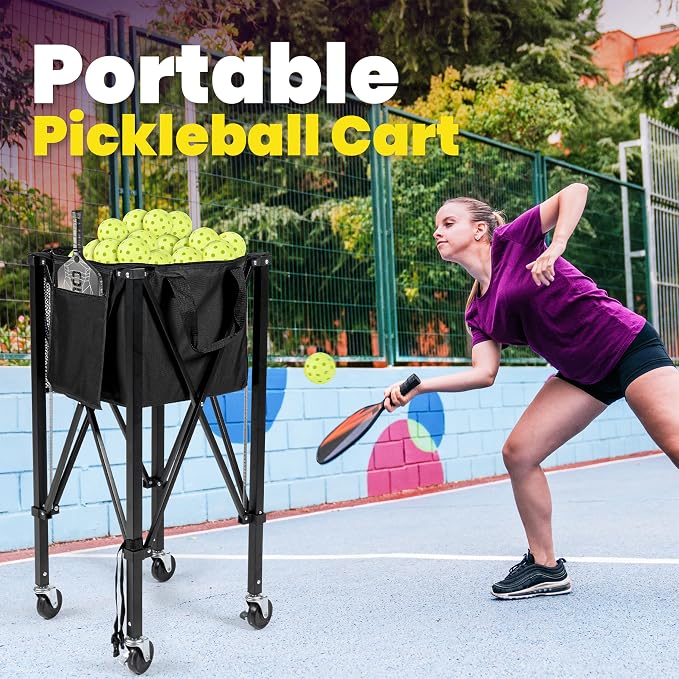 Tennis Ball Cart | Pickleball Ball Hopper | 150 Ball Capacity | Multiple Storage Pockets | Carrying Bag | Sturdy Pickleball Cart with Wheels | Ball Caddy for Practice & Training