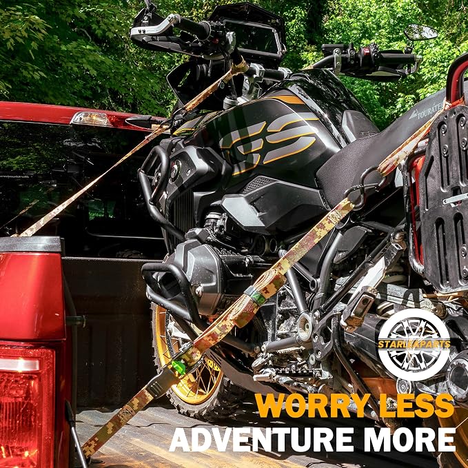 Motorcycle Tie Down Strap (4PK) - 2,100lb Break Strength Ratchet Tie Down Straps Set with 2 Bungee Cord, Soft Loop Ratchet Straps for Moving Appliances, Lawn Equipment, Cargo Straps for Trucks, Camo