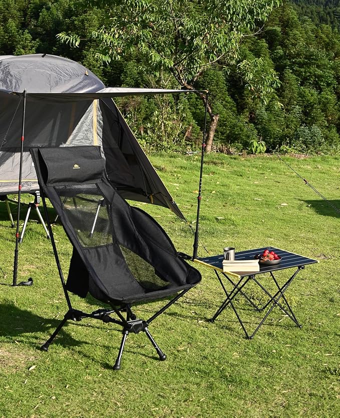 iClimb Ultralight Compact Camping Folding Beach Chair with Anti-Sinking Large Feet (Black - Triangular Frame High Back)
