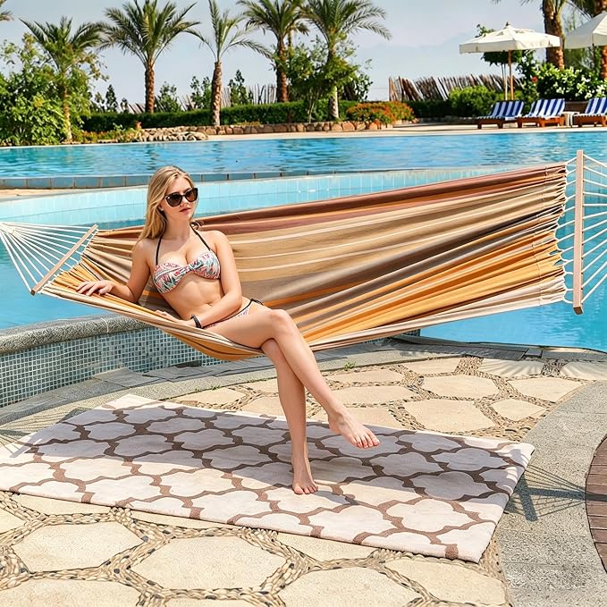 Lazy Daze Hammocks Cotton Fabric Double Hammock with 55" Spreader Bar, Portable Camping Hammock with Carrying Bag & Tree Straps for Patio, Backyard, Balcony, 450lbs Capacity, Brown & Khaki