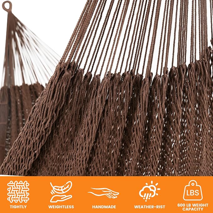 Lazy Daze Hammocks Handwoven XL Mayan Hammock, 10.5 FT Soft Rope Double Hammocks, Portable Outdoor Hammock with Carry Bag, 2 Straps & Carabiners for Patio Outside, 550 lbs Weight Capacity, Coffee