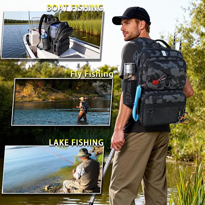 Fishing Backpack with Tackle Boxes and Rod Holder, 24L Fishing Sling Bag with Fishing Lures Kit, Fishing Gear Bag Gifts for Men Women - Camo Backpack
