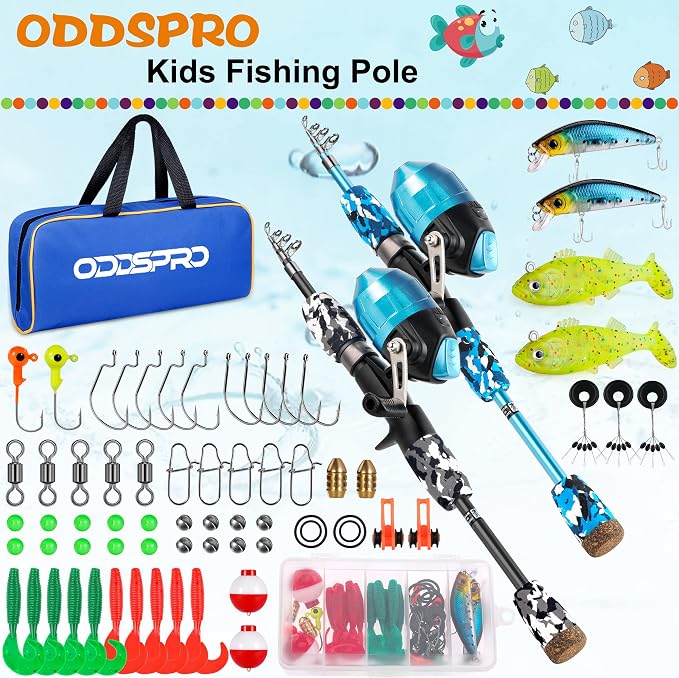 ODDSPRO Kids Fishing Pole - Portable Telescopic Kids Fishing Rod and Reel Combo Kit - with Spincast Fishing Reel Tackle Box for Girls, Youth