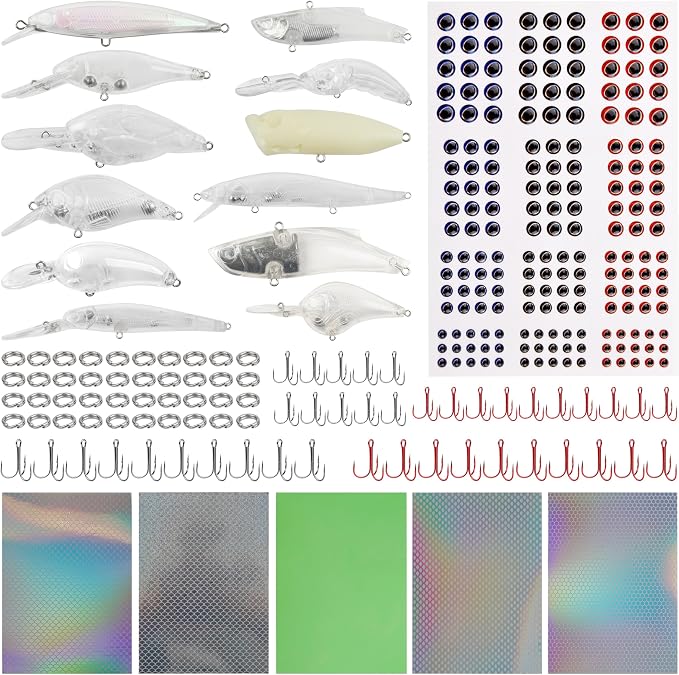 Unpainted Fishing Lures DIY Minnow Kit - 280/363pcs Blank Hard Crankbait Set Pliers Scissors,Treble Hooks,Split Rings,Stickers,3D Eyes for Making Lures DIY Fishing Tackle Kit