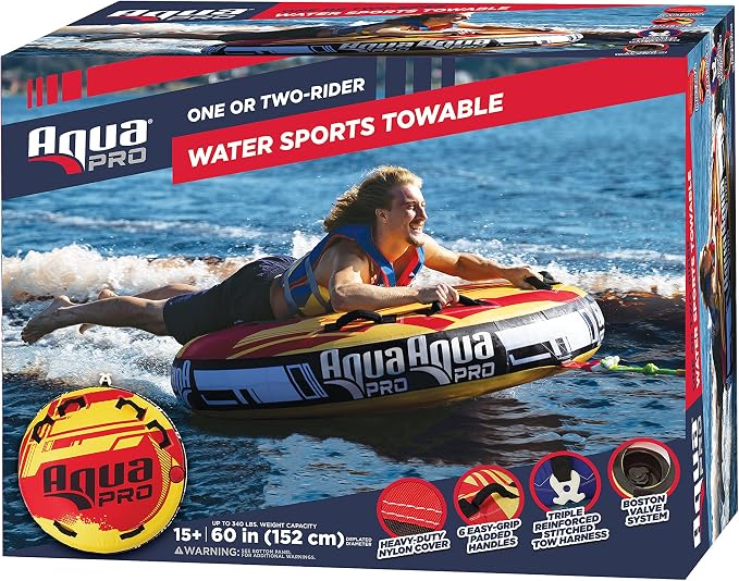 Aqua Pro Towable Tube for Water Sports – 1-2 Riders – Deck-Style Inflatable Boat Tube – Yellow/Red