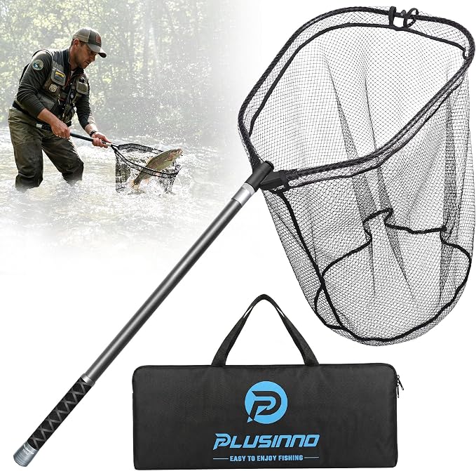 PLUSINNO Large Fishing Net, 3.4-7.7 FT Carbon Fiber Fish Net with Long Telescoping Handle, Kayak Fishing Gear Accessories Foldable Landing Net for Bass, Trout, Catfish, Fishing Gifts for Men Father