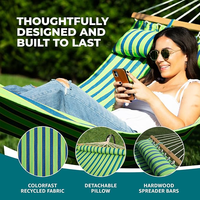 Bliss Hammocks Caribbean Hammock, 48 Inch Wide Bed with Detachable Pillow & Zinc-Coated Hardware - 265 Pound Capacity, Mediterranean Stripe