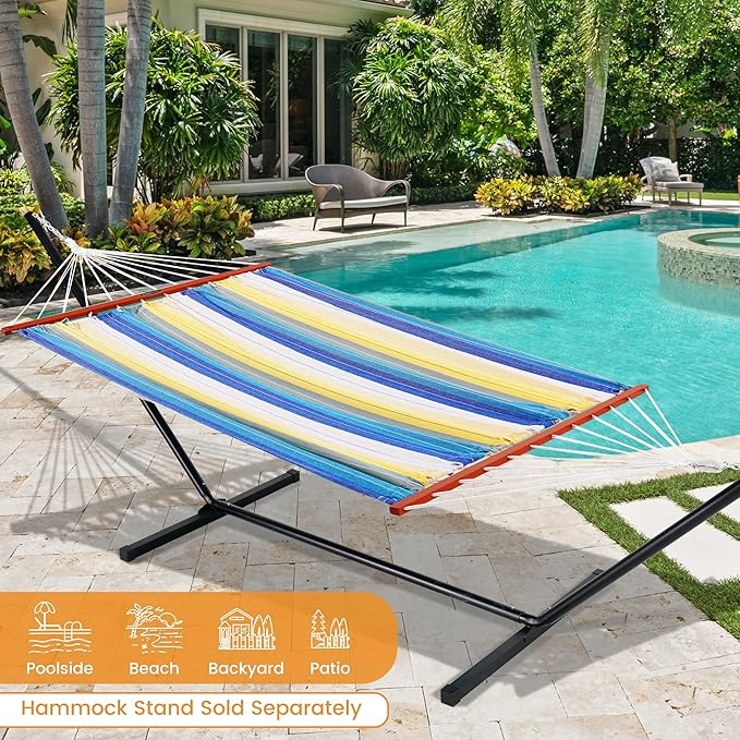 Lazy Daze Hammocks Cotton Fabric Double Hammock with 55" Spreader Bar, Portable Camping Hammock with Carrying Bag & Tree Straps for Patio, Backyard, Balcony, 450lbs Capacity, Blue & Yellow