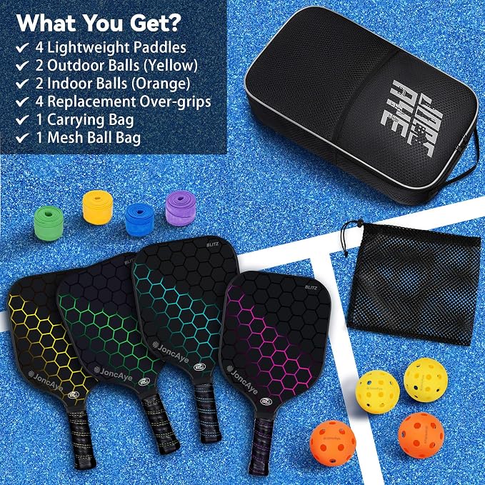 JoncAye Pickleball Paddles Set of 4 or 2, USAPA Approved Fiberglass Rackets with Outdoor Indoor Balls, Bag, Overgrip, Lightweight for Family, Professional Equipment for Beginners Intermediate