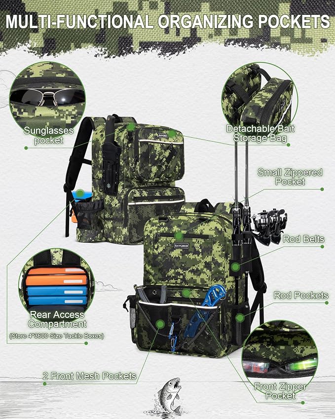 Fishing Backpack with Removable Bait Binder, Large Water Resistant Tackle Bag Storage Gear and Equipment for Fishing, Camping, Hiking, Green