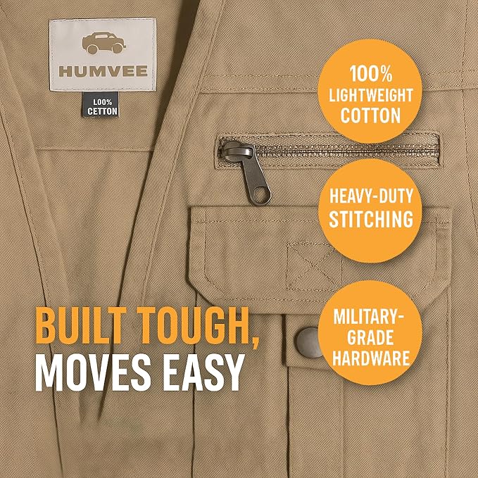 Humvee Utility Vest with 21 Pockets -Travel, Safari, Hunting, Camping, 100% Cotton, Tactical Jacket for Men & Women