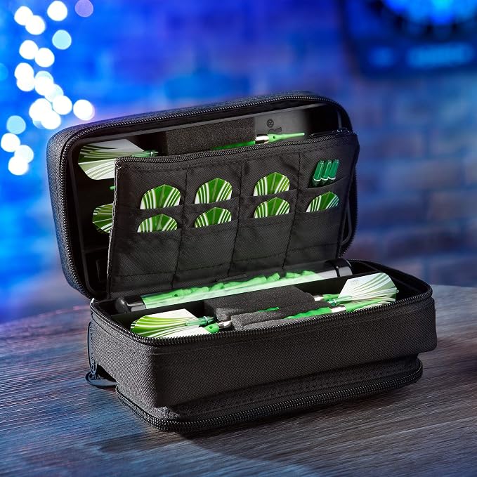 Casemaster Plazma Pro, 6 Dart Case for Soft and Steel Tip Darts, Features Large Front Mobile Device Pocket, Built-In Storage Tubes and Pockets for Flights, Tips, Shafts, and Personal Items