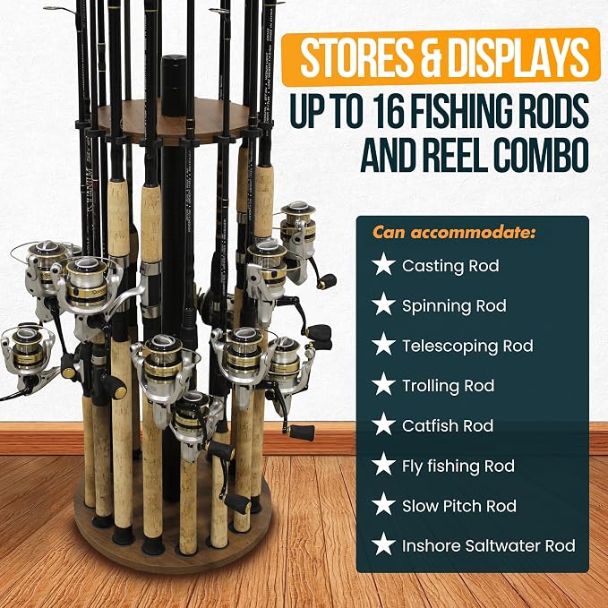 Rush Creek Creations 16 Rod Fishing Pole Holder - Round Floor Mount Rack with Clips for Garage Organization, Dark Walnut Wood