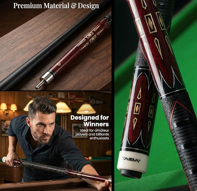 Tai ba cues 2-Piece Pool Stick with 1x1 Case, PU Rubber Grip, 13mm Multilayer Leather Tip, 58", Hardwood Canadian Maple Professional Billiard Pool Cue Stick 19-21 Oz