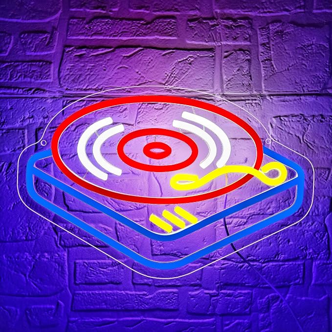 Record Player Neon Sign for Wall Decor Music Neon Light for Man Cave | Dimmable LED Neon,Musician Birthday Gifts,Led 5V USB Powered,Record Studio,Music Room Decor,Business Bar Pub Art,13.7*9.0in