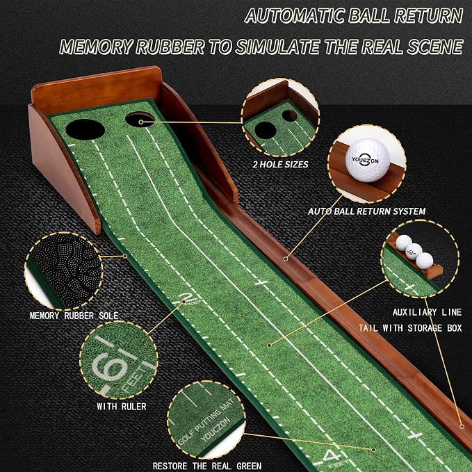 YOUCZON Putting Green Indoor,Golf Putting Mat with Auto Ball Return,Premium Crystal Velvet Surface, Practice Putting mat, Perfect Training Aid & Gift for Golf Lovers Christmas