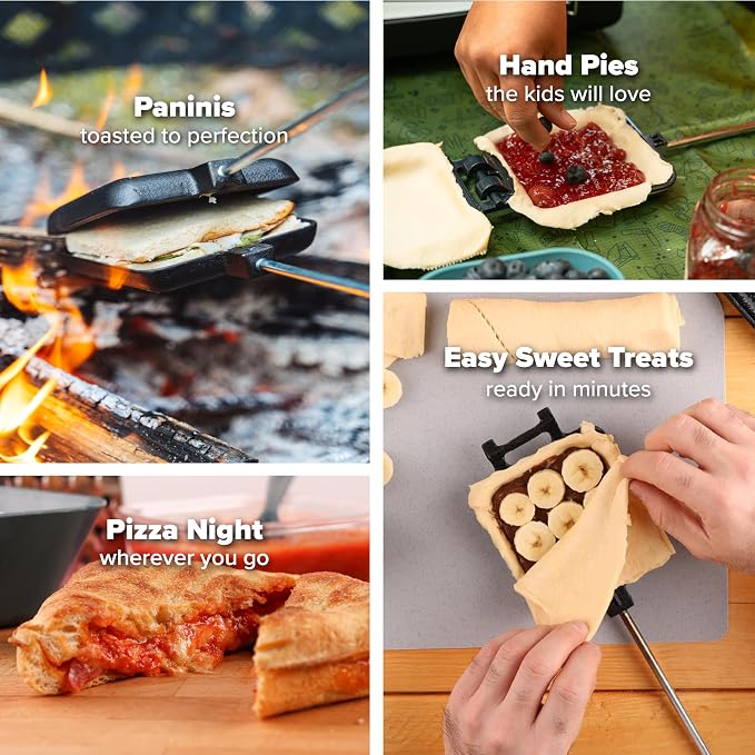 Coghlan's Cast Iron Camp Cooker - Pre-Seasoned Pie Iron Sandwich Maker with Heat-Resistant, Removable Handles, Easy-to-Clean for Toasted Pies, Grilled Sandwiches, and Meats, For Campfire Cooking