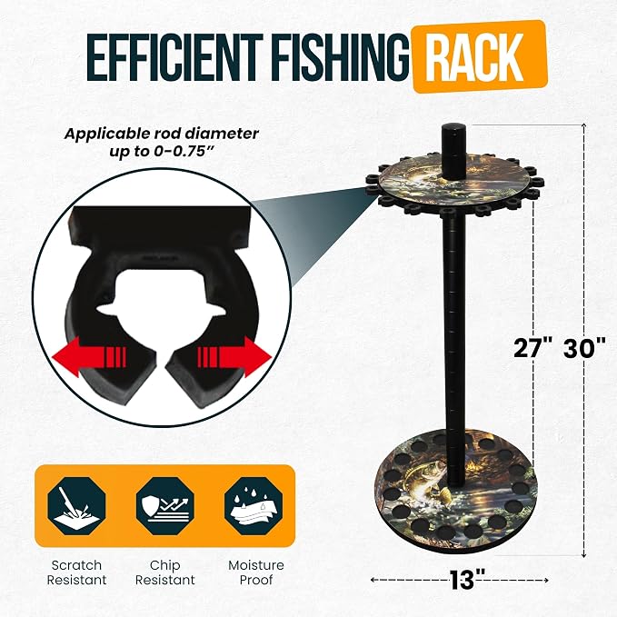 Rush Creek Creations 16-Rod Round Fishing Rod Holder for Garage, 360° Access Fishing Pole Holder for Rods, Reels, Gear, Accessories, and Tackle Box, Securely Holds 16 Rods, Bass