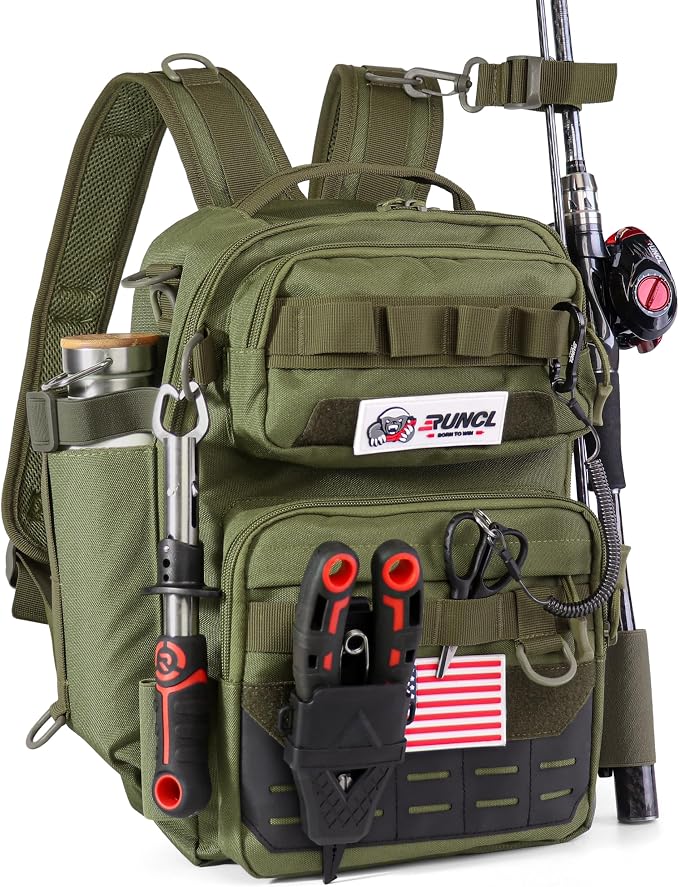 RUNCL Fishing Tackle Backpack, Lightweight Portable Gear Bag, Soft & Comfortable All Day Carry Design, Large Capacity Multi-Pocket Organizer Storage for Bass Fishing, Kayak, Bank & Shore Anglers