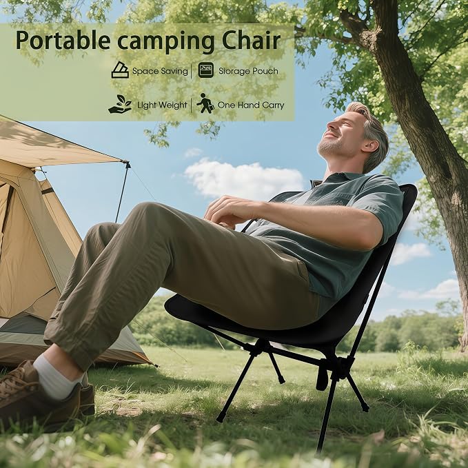 Lightweight Folding Camping Chair for Adults, Heavy Duty 270lbs Capacity Compact Backpacking Hiking Chair – Portable Durable Outdoor Chair with Ergonomic Support (Black)
