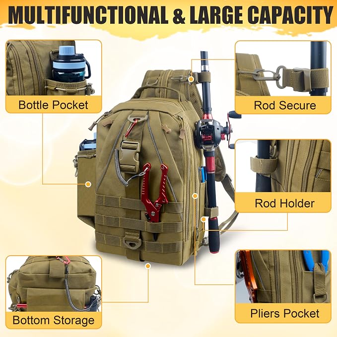 SILANON Fishing Tackle Backpack Wateproof Fishing Backpack with Rod Holder Lightweight Sling Tackle Bag Gift for Men