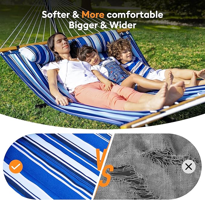 Everyfun Double Hammock with Spreader Bar,Soft Pillow,Max Load 500lbs,Portable Hammock for Outdoor,Camping,and Backyard,Blue
