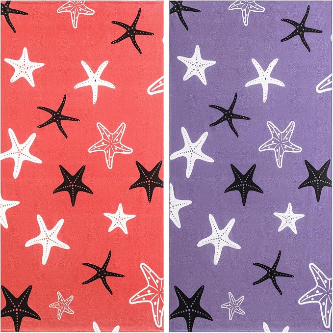 Jessy Home Microfiber 4 Pack Beach Towel Set, 40x70in Oversized Beach Towel, Quick-Dry Sand-Free Highly Absorbent Swim Towel, Soft Pool Towel, Marine Mixed Prints of Starfish & Sea Turtle for Vacation