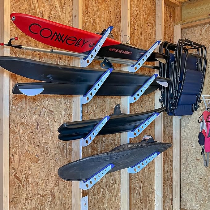 StoreYourBoard Adjustable Wakeboard Storage Rack – Wall Mount 4 Level Display, Heavy Duty Water Sports Gear Hanger for Wakeboards, Wakesurf Boards, and More, Holds up to 100 lbs