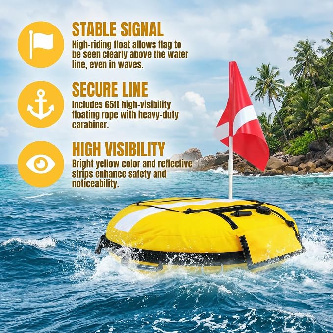 Dive Float Buoy with Flag, Yellow and White, Inflatable Safety Marker with Rope