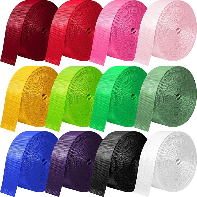 Nylon Webbing 1 Inch 1.5 Inch, 12 Rolls Webbing Strap for Bags, Pets, Climbing Outdoors Indoors Crafting DIY