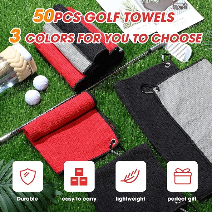 Batiyeer Golf Towels Bulk for Bags, 16"x16" Microfiber Waffle Pattern Golf Towel with Clip for Tournament, Club, Fitness