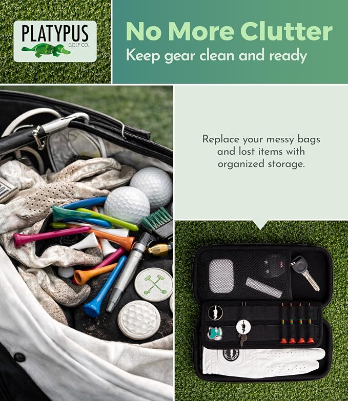 Platypus Golf Co. Golfing Caddie EVA Travel Case Organizer with Bamboo Tees & Ball Marker - Hand Reversible Hinging Glove Shaper & Holder, Mesh Pocket & Storage Slots, Golfers Cases for Men & Women