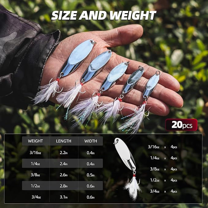 Jigging Spoon Fishing Lures 20/40PCS Kit – Metal Casting Spoon Lure Set with Treble Hooks, Mixed Sizes Spinner Baits for Saltwater & Freshwater Trout, Salmon, Bass