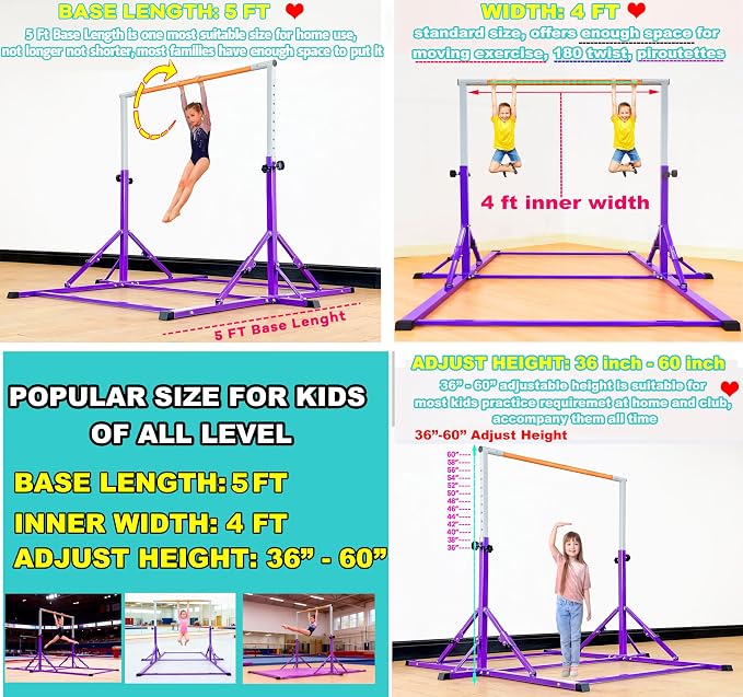 Marfula Gymnastic Bar For Kid and Teenage of 3-25, 5Ft/8 FT Base Length 4Ft Width 5Ft Adjust Height, Gymnastic Kip Bar For Gymnast, Gymnastic Training Equipment For Professional Training Home Club Use