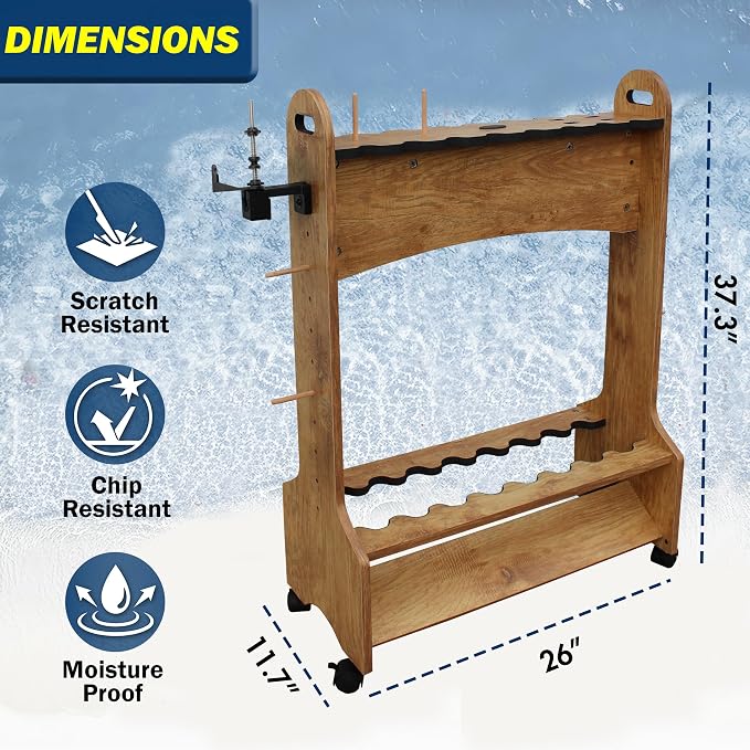 Rush Creek Creations Rolling Rod Holder for 16 Saltwater/Freshwater Fishing Rods, Pole Holder for Garage Organization and Room Storage, Gear and Accessories