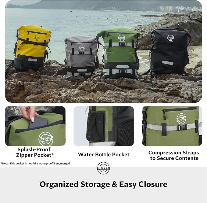 STOVER 30L Waterproof Dry Backpack & Phone Case - X-Large Floating Dry Bag for Kayaking, Travel, Hiking, Fishing, Camping, Motorcycles & Beach, Heavy-Duty Roll Top Men/Women (Green)