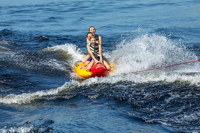Airhead Hot Dog Towable Tube for Boating, 1-5 Rider Inflatable Boat Tube for Water Tubing, Full Nylon Cover, EVA Padding, Foam Padded Handles w/Neoprene Knuckle Guard, Speed Safety Valve
