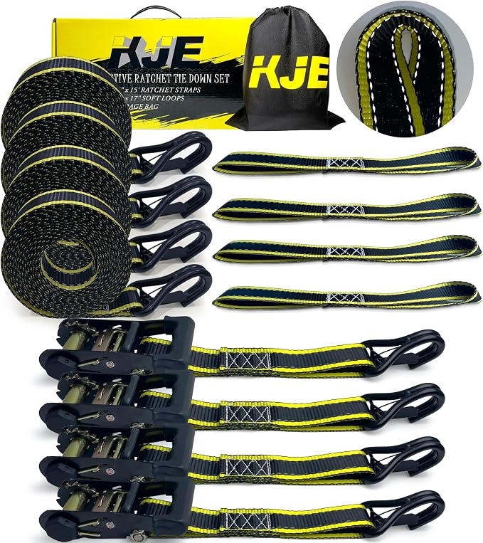 KJE Reflective Ratchet Straps, (4) 1.5" x 15' Tie Down Strap Sets + (4) Soft Loops, TPR Handles & Coated J Hook W/Safety Clip, 6,000lb Break Strength, Cargo Strap for Car, Motorcycle, ATV